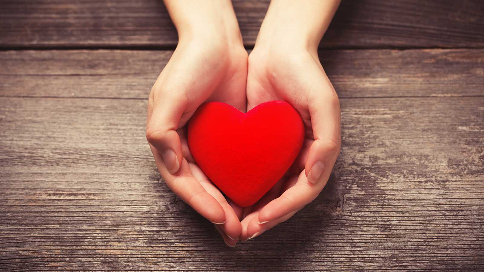 Cupped hands holding a red felt heart